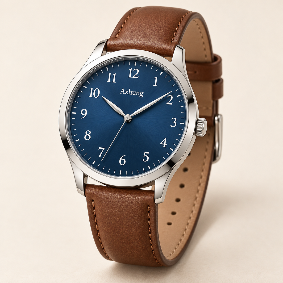 Axhung Atlas watch, Blue & Brown — front view with Axhung branding on the dial