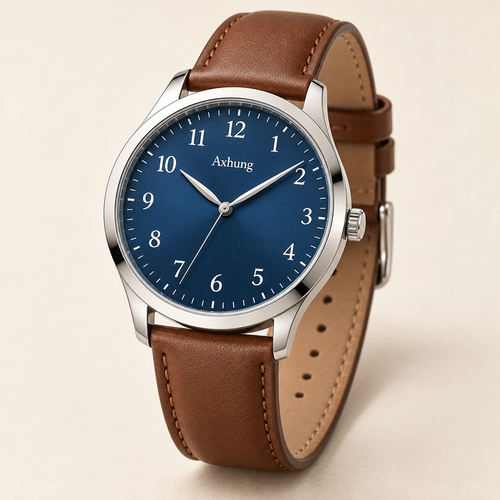 Axhung Atlas watch, Blue & Brown — front view with Axhung branding on the dial