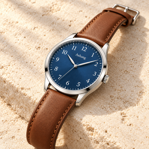 Axhung Atlas watch, Blue & Brown — alternate angle showing the same dial, case and bracelet or strap