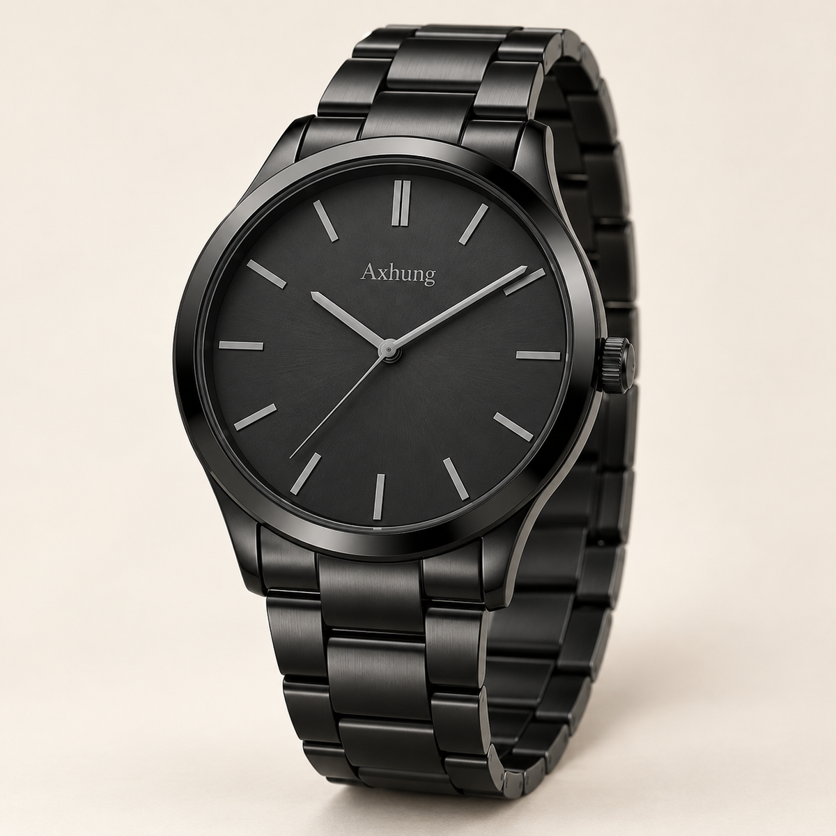 Axhung Eclipse watch, All Black — front view with Axhung branding on the dial