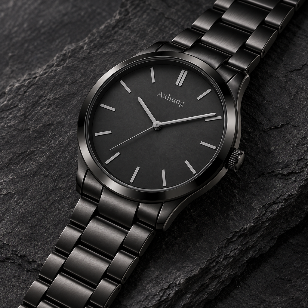 Axhung Eclipse watch, All Black — alternate angle showing the same dial, case and bracelet or strap