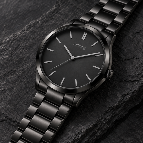 Axhung Eclipse watch, All Black — alternate angle showing the same dial, case and bracelet or strap