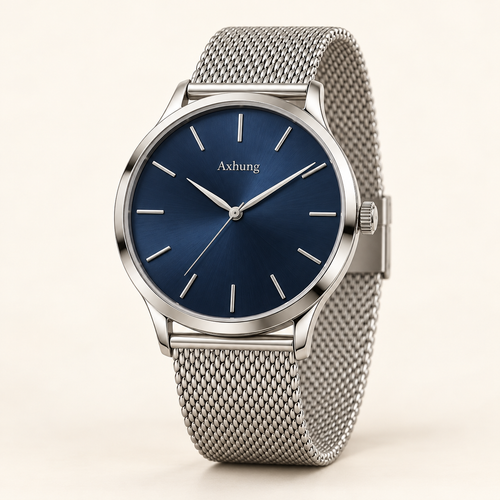 Axhung Harbor watch, Navy & Silver — front view with Axhung branding on the dial