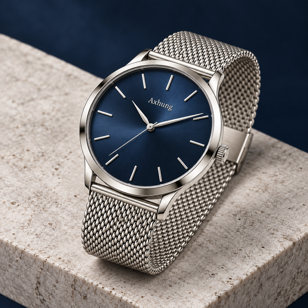 Axhung Harbor watch, Navy & Silver — alternate angle showing the same dial, case and bracelet or strap