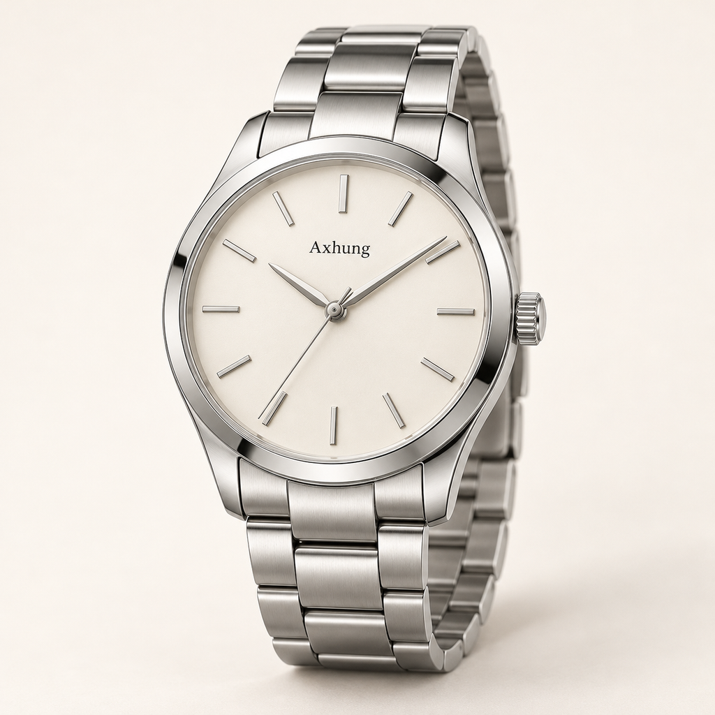 Axhung Meridian watch, Silver & Ivory — front view with Axhung branding on the dial
