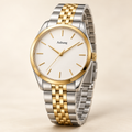 Axhung Monarch watch, Two Tone & White — front view with Axhung branding on the dial