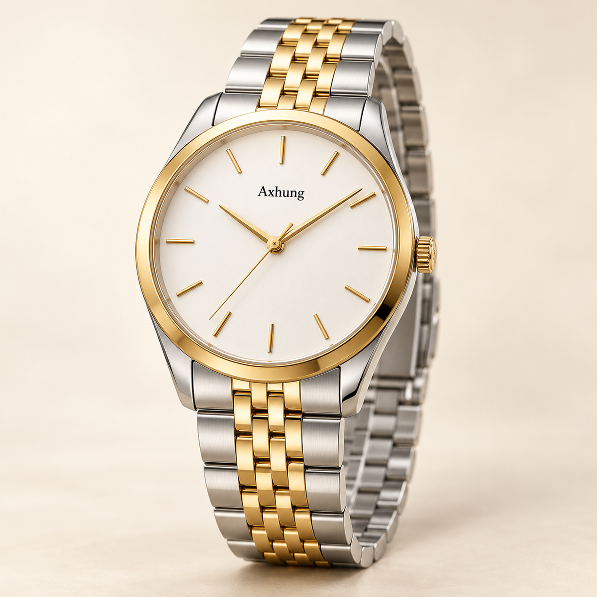 Axhung Monarch watch, Two Tone & White — front view with Axhung branding on the dial