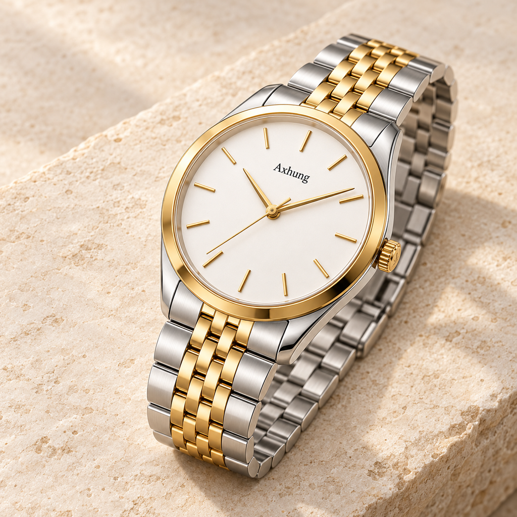 Axhung Monarch watch, Two Tone & White — alternate angle showing the same dial, case and bracelet or strap