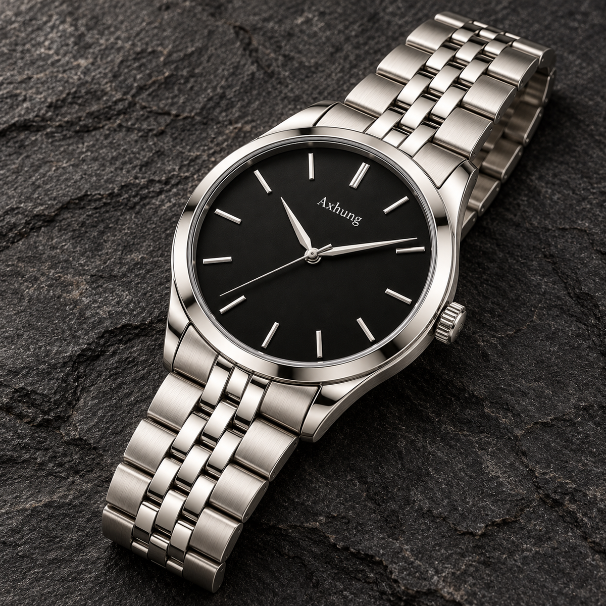 Axhung Nocturne watch, Black & Steel — alternate angle showing the same dial, case and bracelet or strap