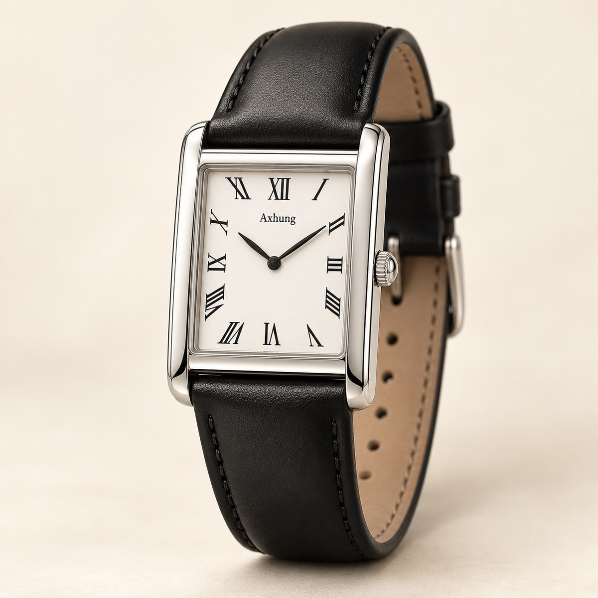 Axhung Oblong watch, Silver & Black — front view with Axhung branding on the dial