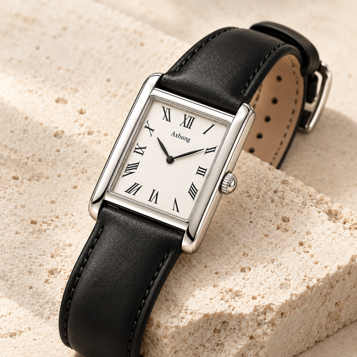 Axhung Oblong watch, Silver & Black — alternate angle showing the same dial, case and bracelet or strap