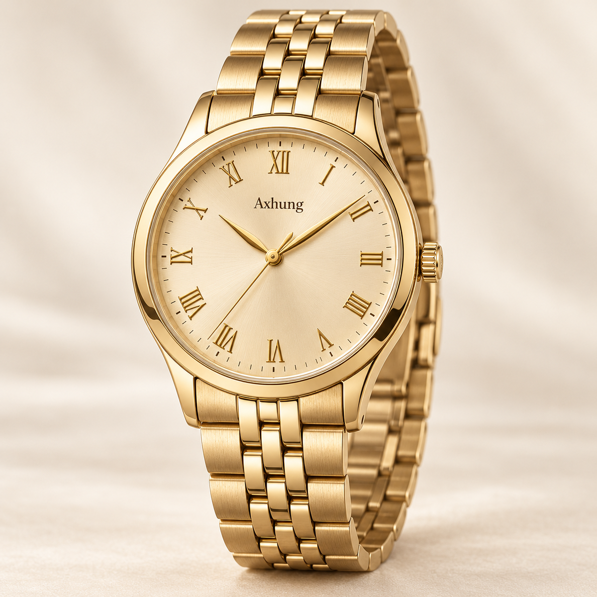 Axhung Regent watch, Gold & Champagne — front view with Axhung branding on the dial