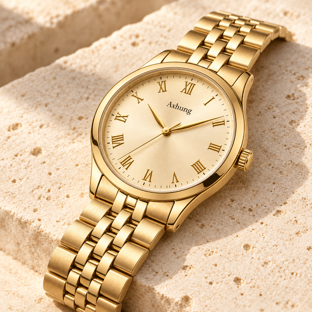Axhung Regent watch, Gold & Champagne — alternate angle showing the same dial, case and bracelet or strap