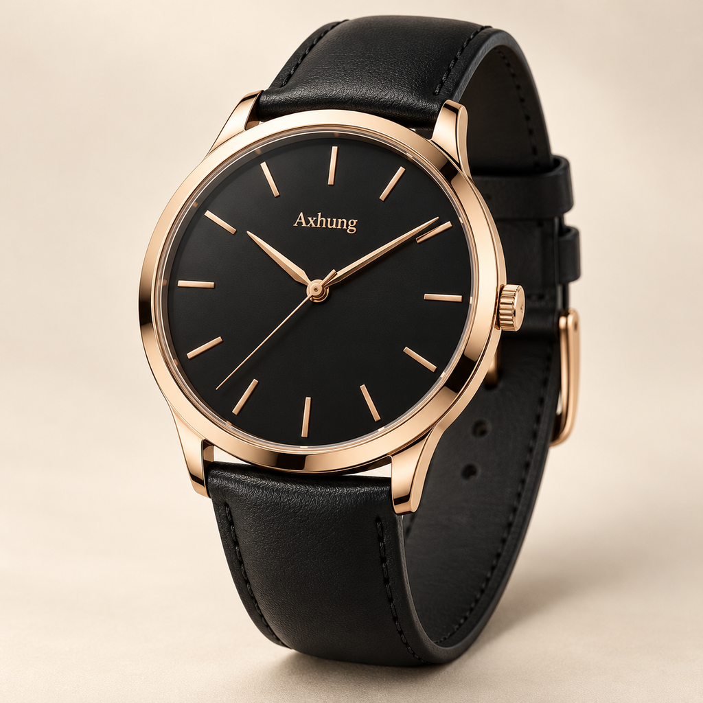 Axhung Solstice watch, Rose & Black — front view with Axhung branding on the dial