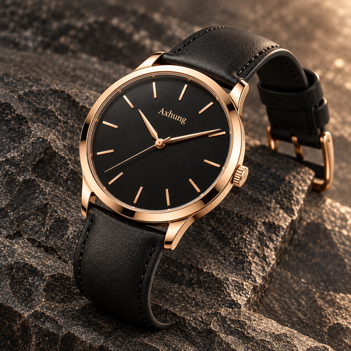 Axhung Solstice watch, Rose & Black — alternate angle showing the same dial, case and bracelet or strap
