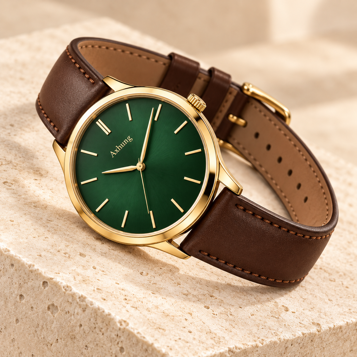 Axhung Verdant watch, Green & Gold — alternate angle showing the same dial, case and bracelet or strap